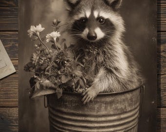 Victorian Raccoon With Flowers Greeting Card Gothic Antique Style Sepia Raccoon Card