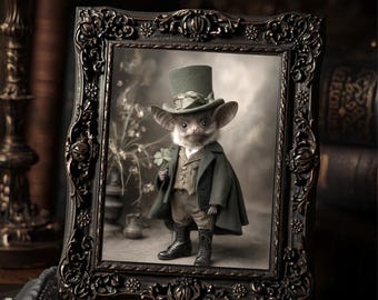 Vintage Victorian Leprechaun Bat Art Print Gothic St Patricks Day Irish Folklore Clover Portrait Antique Style