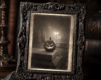 Angry Jack O Lantern Halloween Wall Art Print  Sepia Gothic Creepy Pumpkin Photograph Spooky Vintage Foggy Decor