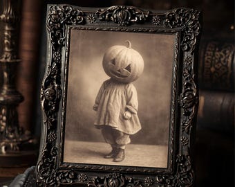 Vintage Pumpkin Head Girl Portrait Print Creepy Cute Halloween Wall Art Antique Jack O Lantern Photo