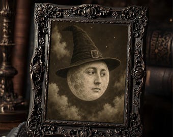 Vintage Victorian Witch Moon Halloween Art Print Celestial Gothic Antique Style Photography Spooky Wall Decor