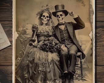 Vintage Victorian Skeleton Bride Groom Wedding Card Gothic Macabre Anniversary Antique Cabinet Photo Blank Inside