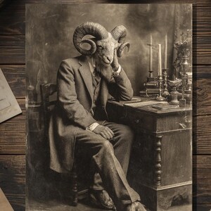 May include: A sepia-toned vintage photograph print featuring an anthropomorphic ram with large curved horns, dressed in a formal three-piece suit, sitting at a wooden desk with candles and books, resting its head on one hand in a contemplative pose.