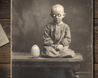 Vintage Victorian Possessed Child With Easter Egg Card Gothic Antique Style Art Blank Inside