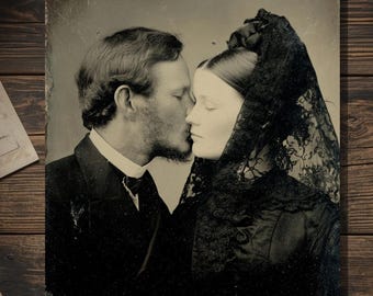 Vintage Victorian Mourning Couple Kiss Gothic Love Card Antique Wedding Anniversary Cabinet Photo Blank Inside