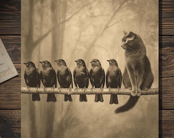 Vintage Victorian Cat And Birds On Branch Funny Gothic Animal Card Antique Style Photography Blank Inside