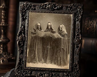 Skeleton Christmas Carolers  Art Print Gothic Victorian Creepy Holiday Wall Art Sepia Antique Spooky Photography