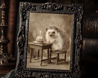 Hedgehog Birthday Art Print Victorian Animal With Cupcake Gothic Cabinet Card Style Cute Strange Wall Art