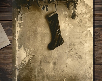 Vintage Victorian Empty Black Christmas Stocking Card Gothic Holiday Art Antique Style Photography Blank Inside