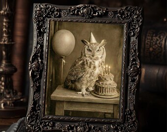 Victorian Owl Birthday Cake Print Gothic Vintage Cabinet Card Style Dark Humor Wall Art