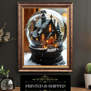Gothic Snow Globe Church Art Print Haunted Holiday Winter Scene Surreal Christmas Wall Decor