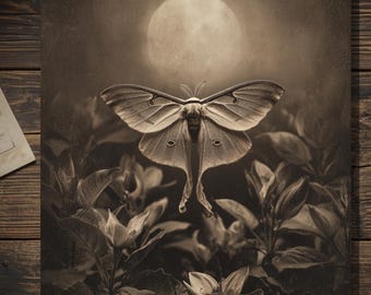 Vintage Victorian Luna Moth Moon Card Gothic Celestial Antique Style Photography Dark Botanical Blank Inside