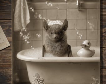 Bat Taking A Bubble Bath Victorian Cabinet Card Style Cute Brown Bat Gothic Funny Greeting Card 5x7