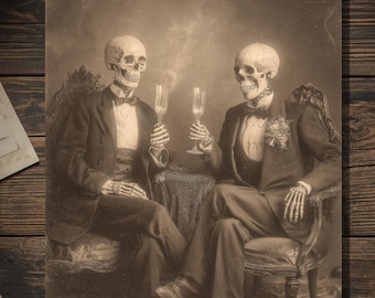 Vintage Victorian Skeleton Gentlemen Toasting New Year Card Gothic Macabre Art Antique Style Photography Blank Inside