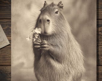 Capybara Holding Flowers Victorian Animal Greeting Card Gentle Weird Love Valentine