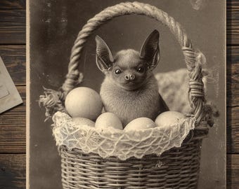 Vintage Gothic Bat in Basket Easter Card Victorian Style Dark Holiday Egg Art Blank Inside