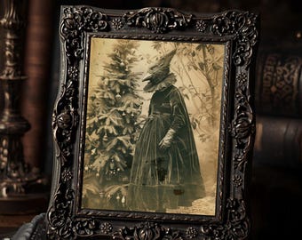 Bird Head Woman Christmas  Art Print Gothic Victorian Creepy Holiday Wall Art Sepia Vintage Photography