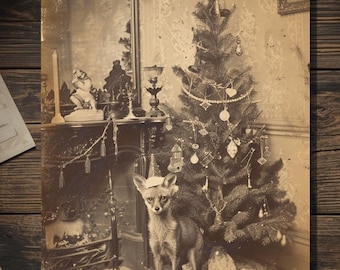 Vintage Victorian Taxidermy Fox with Santa Hat Christmas Card Gothic Holiday Art Antique Style Photography Blank Inside