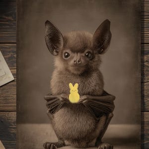 May include: A sepia-toned image of a bat holding a yellow marshmallow chick. The bat has large ears and a furry body. The background is a neutral color, and the image has a vintage feel.