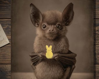 Vintage Victorian Bat Holding Marshmallow Peeps Bunny Easter Card Gothic Antique Style Art Blank Inside