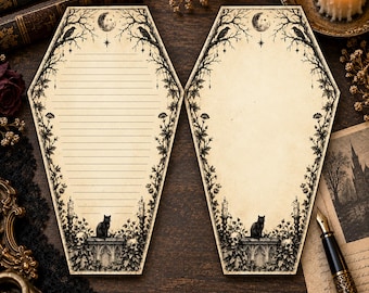 Coffin Shaped Stationery Black Cat Ravens Gothic Victorian Halloween Writing Paper Lined or Unlined Macabre Letter Set