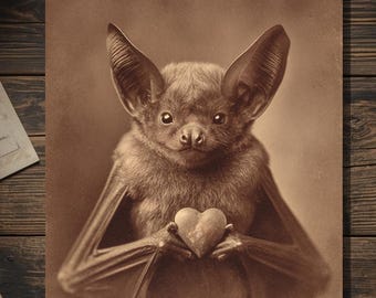 Vintage Victorian Bat Holding Heart Love Card Gothic Valentine Anniversary Art Antique Style Photography Blank Inside
