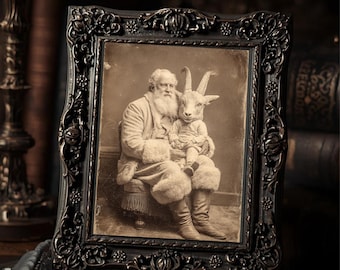 Goat Head Child with Santa  Art Print Gothic Christmas Vintage Creepy Holiday Wall Art Sepia Spooky Photography