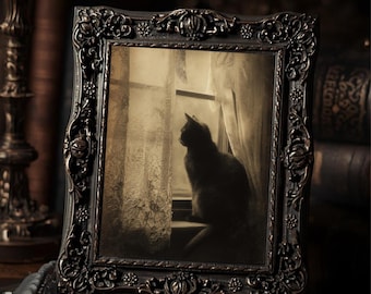 Vintage Victorian Black Cat In Lace Window Halloween Art Print Gothic Witchy Spooky Antique Style Wall Decor