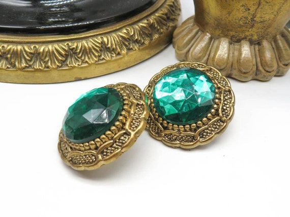 Vintage Chunky Gold Tone Green Domed Earrings I43 - image 2