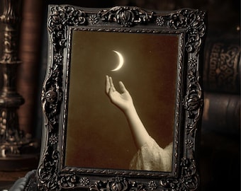 Vintage Victorian Crescent Moon Hand Print Gothic Celestial Wall Art Antique Style Photography Dark Whimsical Lunar Decor
