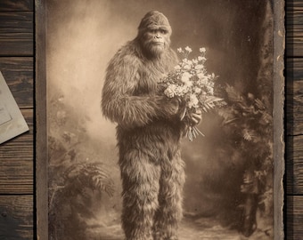 Vintage Victorian Bigfoot With Flowers Cryptid Love Card Funny Gothic Cabinet Card Style Sepia Photography Blank Inside