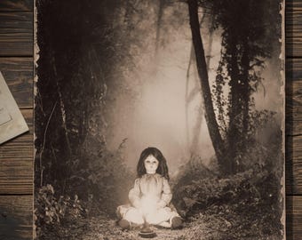 Creepy Doll Gothic Halloween Greeting Card Vintage Sepia Spooky Forest Photograph Eerie Haunted Stationery Blank Inside