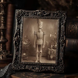 May include: A sepia-toned framed image featuring a skeleton dressed in a military uniform. The ornate black frame sits atop a vintage book. The skeleton figure is posed in a standing position, with a tall hat and detailed uniform. The background is blurred, suggesting a room setting.