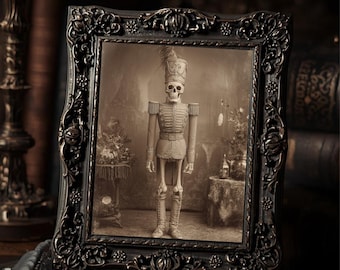 Skeleton Nutcracker Soldier  Art Print Gothic Christmas Vintage Spooky Holiday Wall Art Sepia Photography