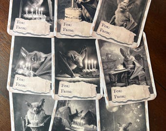 Vintage Victorian Bat Birthday Gift Tags Set of 9 Gothic Creepy Cute Party Wrapping Dark Academia Decor
