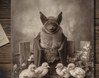 Vintage Victorian Bat With Chicks Easter Card Gothic Antique Style Art Blank Inside