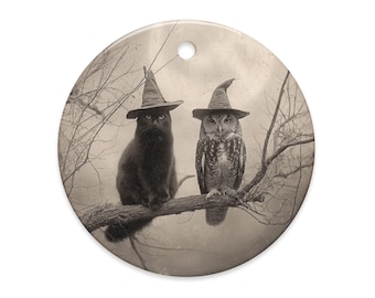 Vintage Victorian Black Cat Owl Ornament Witch Gothic Halloween