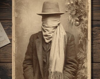 Vintage Victorian Faceless Man with Scarf Christmas Card Gothic Holiday Art Antique Style Photography Blank Inside