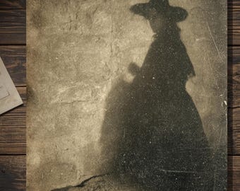 Witch Shadow On Wall Gothic Halloween Greeting Card Vintage Sepia Creepy Witch Silhouette Spooky Haunted Stationery Blank Inside