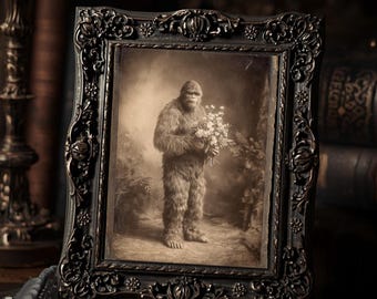 Vintage Victorian Bigfoot Holding Flowers Gothic Cryptid Wall Art Print Cabinet Card Style Sepia Oddities Home Decor  Print