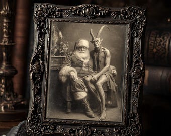 Santa And The Devil Creepy Christmas Print  Gothic Holiday Wall Art Macabre Antique Style Photograph
