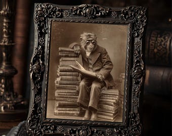 Reading Monkey Print Vintage Book Lover Wall Art Victorian Library Decor