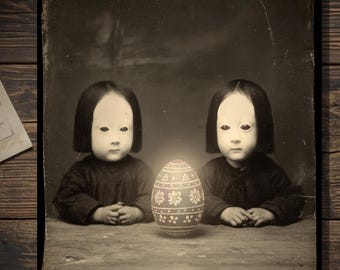 Macabre Vintage Victorian Gothic Alien Children Easter Card Haunted Egg Portrait Blank Inside