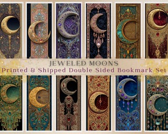 Jeweled Moons Art Nouveau Bookmark Set Celestial Filigree Gothic Illuminated Design Choose 4, 8, or 12 Printed
