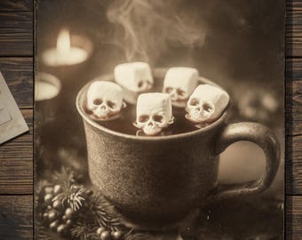 Vintage Gothic Skull Marshmallow Hot Chocolate Christmas Card Victorian Style Photo Blank Inside