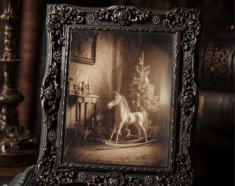Haunted Rocking Horse Christmas Print  Gothic Holiday Wall Art Creepy Antique Style Photograph