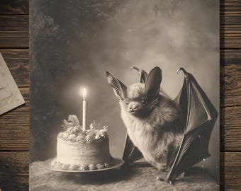 Vintage Victorian Bat with Birthday Cake Card Gothic Macabre Art Antique Style Photography Blank Inside