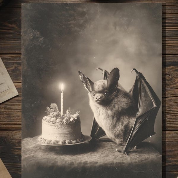 Vintage Victorian Bat with Birthday Cake Card Gothic Macabre Art Antique Style Photography Blank Inside