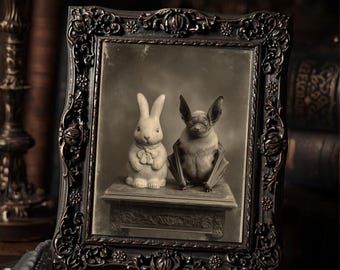 Vintage Gothic Easter Bat and Rabbit Print Victorian Style Dark Wall Art