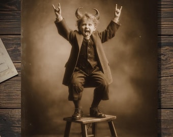 Vintage Victorian Devil Horns Kid Thank You Congratulations Card Gothic Macabre Art Antique Style Photography Blank Inside